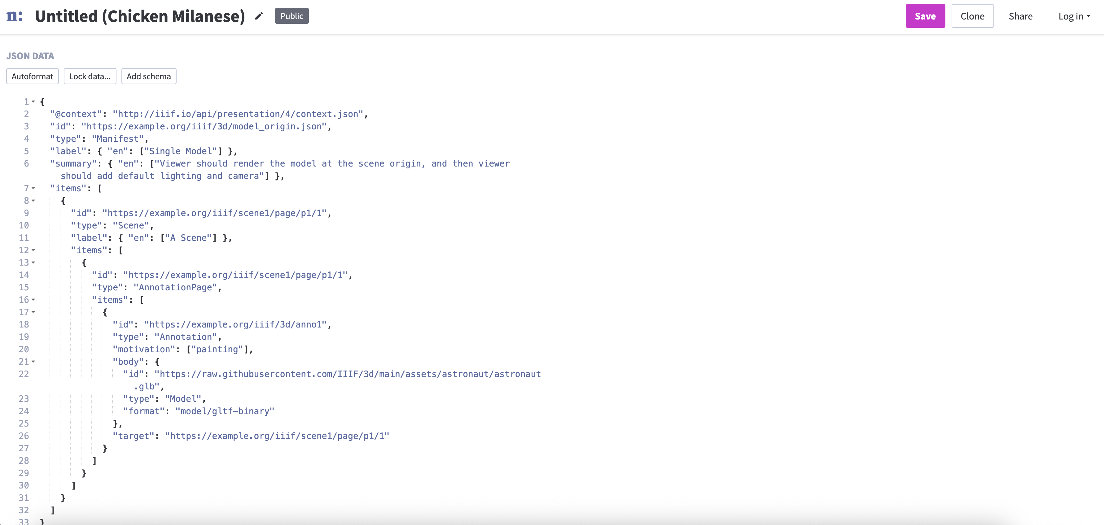 Npoint.io showing the Manifest json